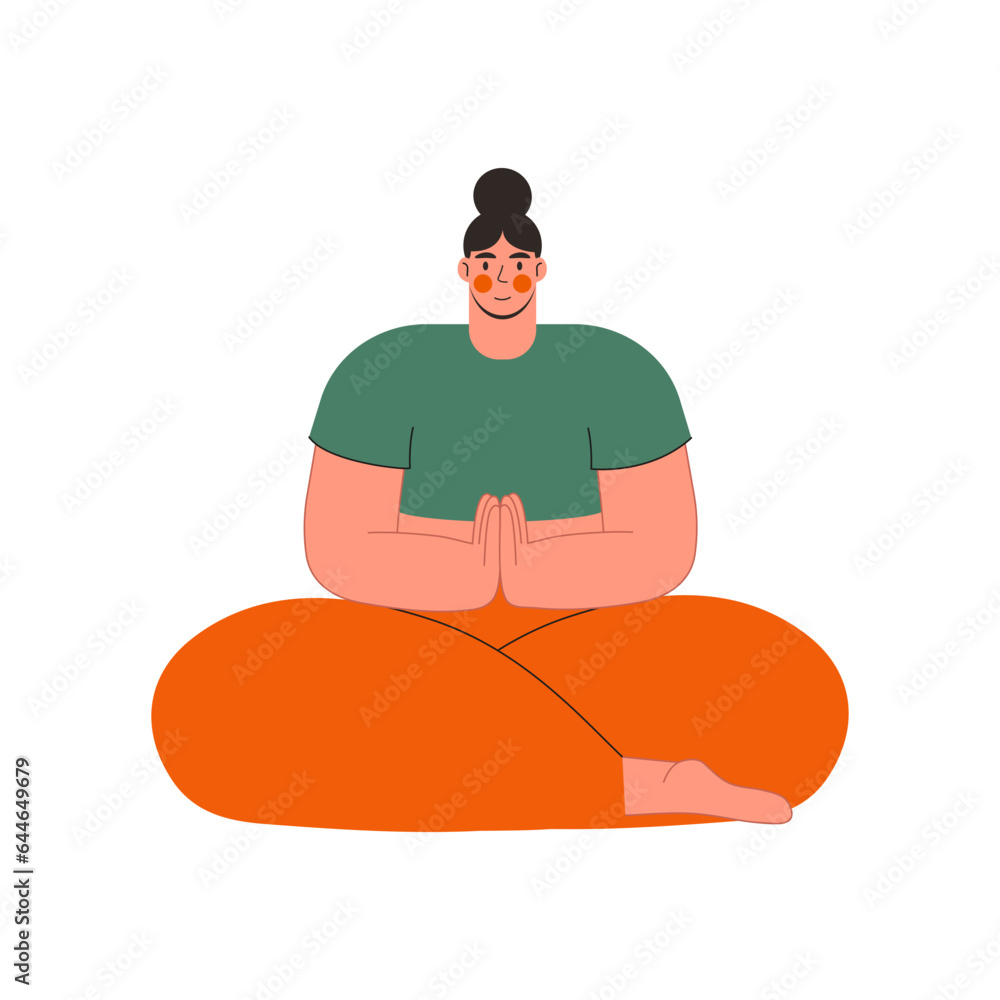 Woman practice yoga exercise  and meditation vector flat illustration. Cartoon character.