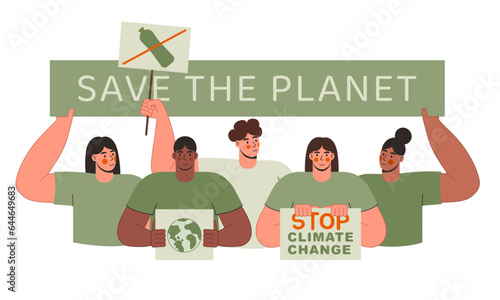 Global Warming and Climate Change Concept. Group of people holding placards and Protesting against air pollution and climate change. Save the planet vector flat illustration.  