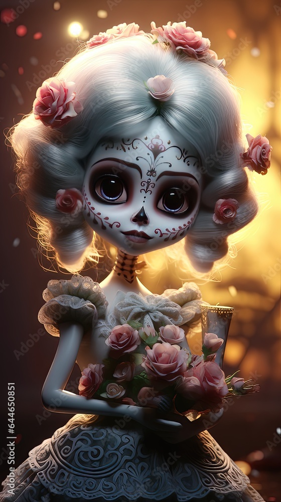 gorgeous woman wearing calavera sugar skull makeup with flowers in her hair and day of the dead in the background gorgeous woman wearing calavera sugar skull makeup with flowers in her hair and day of the dead in the background
