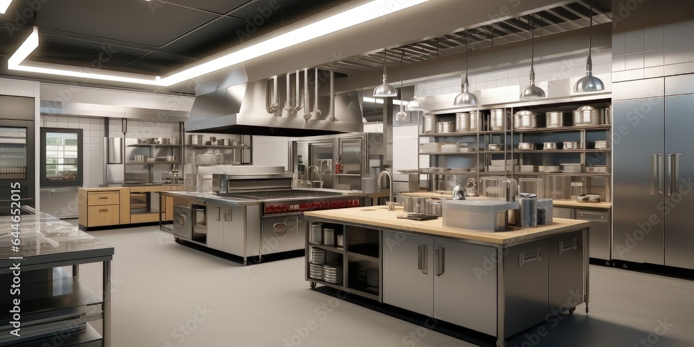 Commercial kitchen empty with no people. interior design with stainless steel appliances and work areas for professional kitchen staff Commercial kitchen empty with no people. interior design with stainless steel appliances and work areas for professional kitchen staff