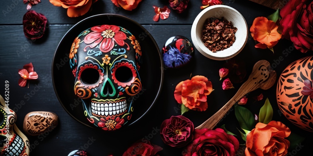 overhead photo of a sugar skull calavera decorated for the dia de los ...