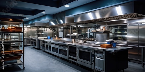 Commercial kitchen empty with no people. interior design with stainless steel appliances and work areas for professional kitchen staff