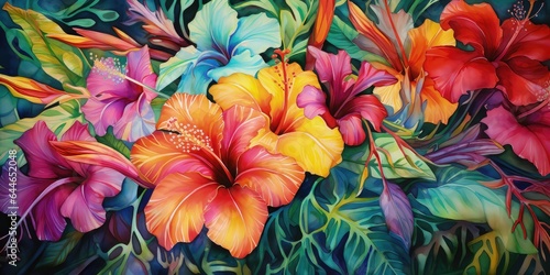 Exotic tropical flowers colorful watercolor with white background