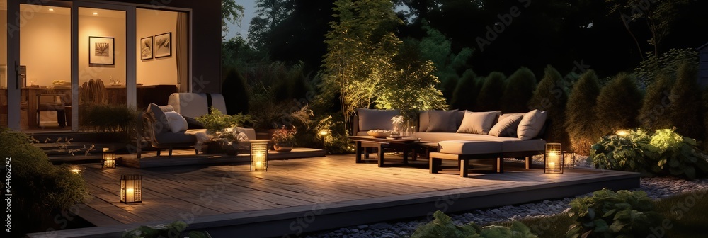 Modern back patio - garden and backyard with seating and place to entertain and cook lit up at night - obrazy, fototapety, plakaty 