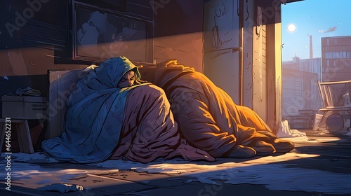 Poverty and homelessness digital illustration, computer-generated to show wealth inequality and the reality of being poor.	
