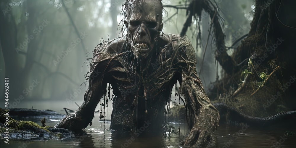 creepy zombie arising from the waters of a dreadful swamp