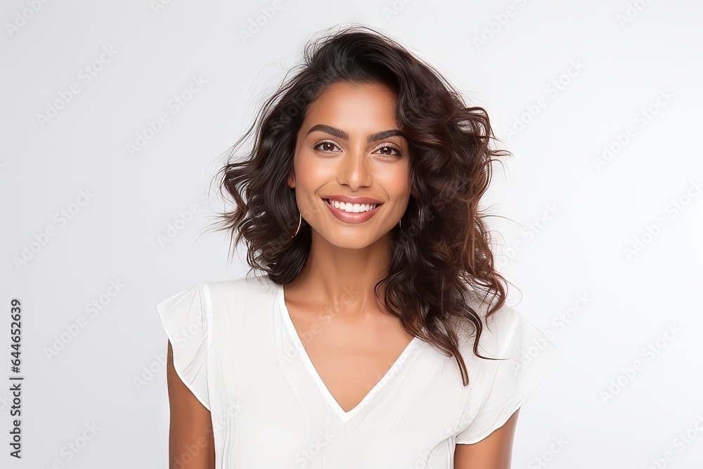 smiling friendly and happy Indian woman (female model) posing against a studio background smiling friendly and happy Indian woman (female model) posing against a studio background
