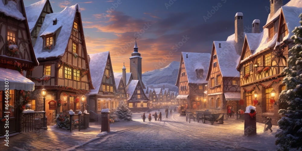 Snowy winter village with lights on. Oil painting style