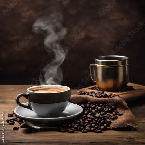 A steamy cup of coffee with beans