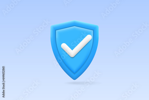 Shield icon. 3d button of shield with checkmark. Personal information, password, internet, cyberspace, privacy, online shopping secure, protection, safety concept. Isolated vector illustration