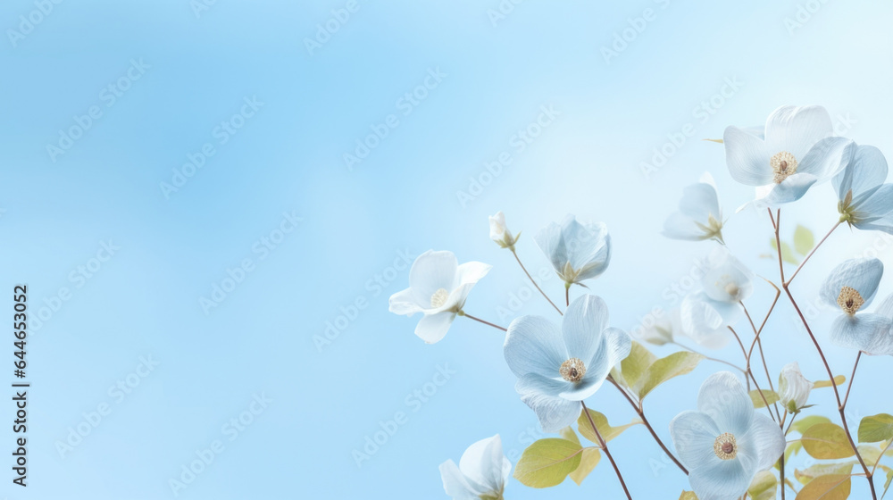 Obraz premium A serene and tranquil scene with a light blue background, softly illuminated by natural light. The delicate shadows fall on a canvas surface, creating an airy and artistic ambiance. This