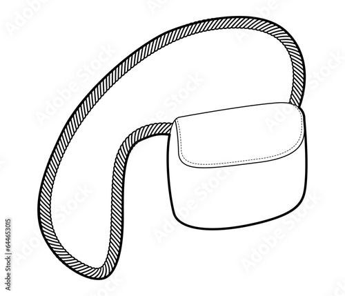 Saddle bag crossbody silhouette with rope handle. Fashion accessory technical illustration. Vector satchel front 3-4 view for Men, women, unisex style, flat handbag CAD mockup sketch outline isolated