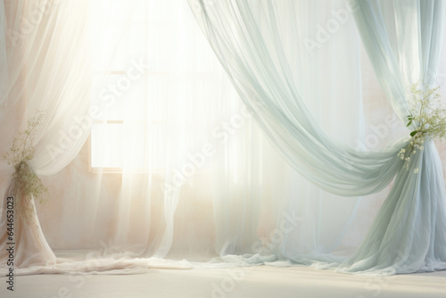A dreamy and ethereal background with a soft, pastel color palette. The gentle morning sunlight shines through , flowing curtains, casting delicate, diffused shadows on a textured, linen
