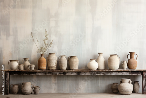 Against a backdrop of a weathered, gray wooden wall, a rustic gentle light background showcases a charming display of ceramic pottery. Bathed in a soft, diffused light, the pieces emit