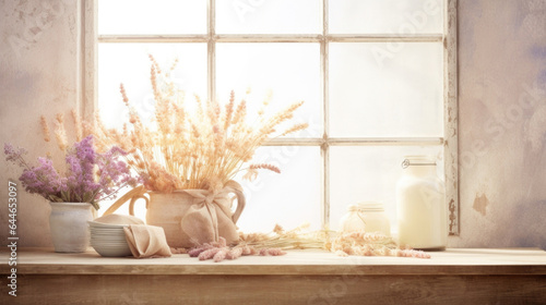 In this scene, a bohoinspired gentle light background features a rustic farmhousestyle table adorned with a collection of dried flowers in soft, muted colors. The natural light streaming photo