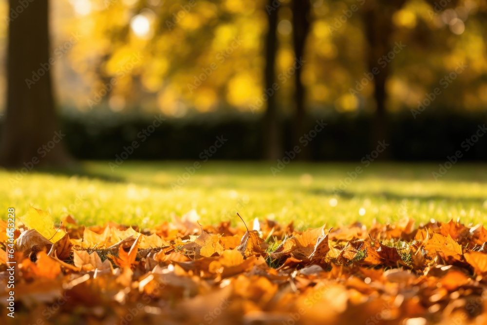 An autumnal scene revealing a carpet of fallen leaves on a grassy floor, illuminated by the mellow sunlight of a sunny afternoon. The varying shades of orange, yellow, and brown create