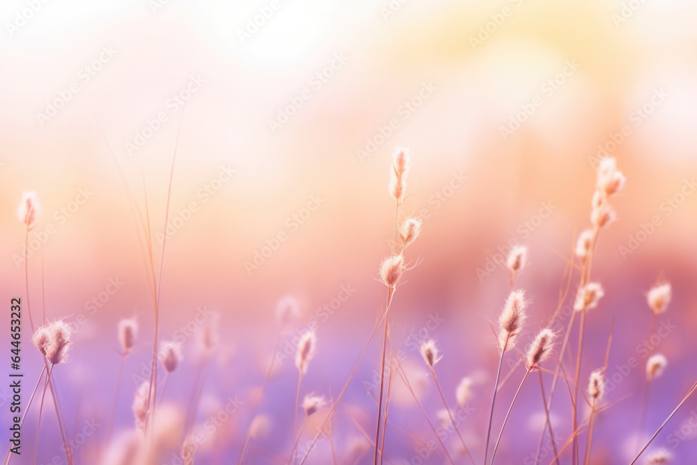 A dreamy scene showcasing a softfocus backdrop of freshly grass, infused with warm evening light. The delicate pink and purple hues of the horizon add a touch of romance and tranquility,