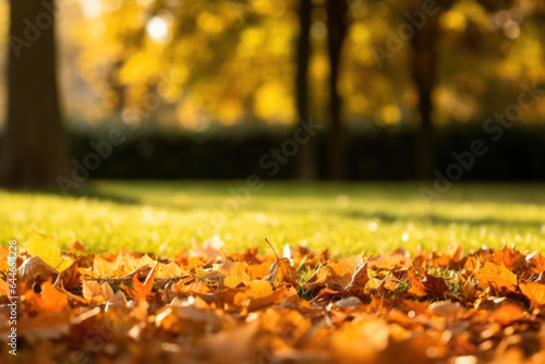 An autumnal scene revealing a carpet of fallen leaves on a grassy floor  illuminated by the mellow sunlight of a sunny afternoon. The varying shades of orange  yellow  and brown create