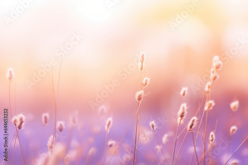 A dreamy scene showcasing a softfocus backdrop of freshly grass, infused with warm evening light. The delicate pink and purple hues of the horizon add a touch of romance and tranquility,