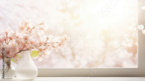  A serene, springinspired background with a soft, diffused light coming through a window adorned with blooming flowers. The delicate floral shadows create a romantic and photo