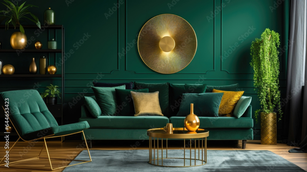 A modern living room with a deep emerald green accent wall. The setting sun casts long shadows ...