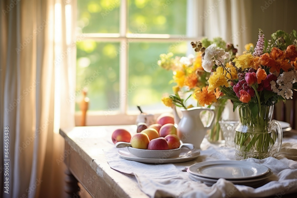 A peaceful summer evening in a farmhouse dining room. Soft, warm light filters through a , billowing white curtain, casting delicate shadows on a farmhousestyle dining A peaceful summer evening in a farmhouse dining room. Soft, warm light filters through a , billowing white curtain, casting delicate shadows on a farmhousestyle dining