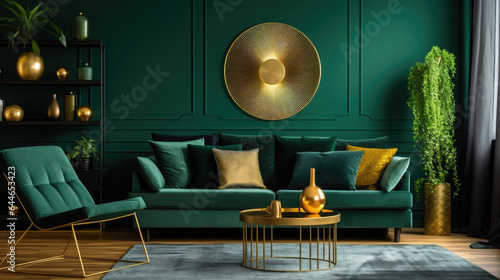  A modern living room with a deep emerald green accent wall. The setting sun casts long shadows on the plush velvet sofa, emphasizing the rich texture of the fabric. The