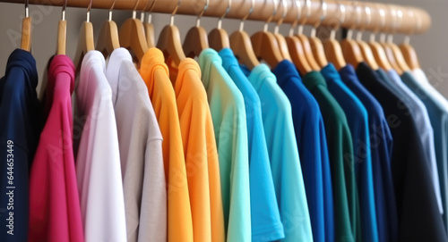 Multi-colored polo shirts hanging on a rack in a store.