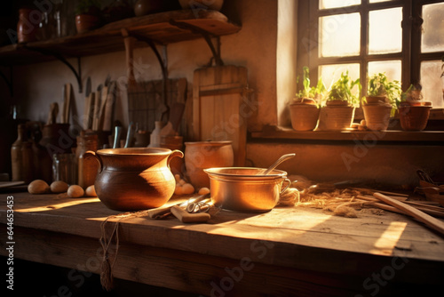 Wallpaper Mural A rustic medieval kitchen with the morning light streaming through a small window, casting a warm glow on the wooden counter. The soft shadows of looming cooking pots and utensils add Torontodigital.ca
