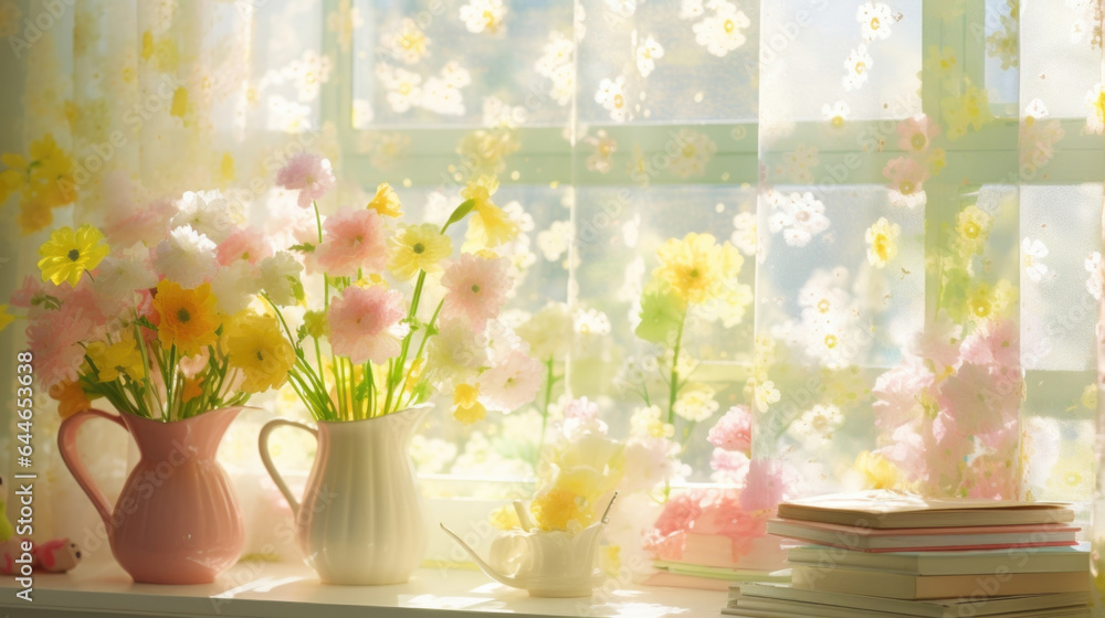 A vibrant and sunny light background with a yellowish tint, representing the cheerful mood of springtime. The window casts delicate shadows of blossoming flowers, creating a playful and A vibrant and sunny light background with a yellowish tint, representing the cheerful mood of springtime. The window casts delicate shadows of blossoming flowers, creating a playful and