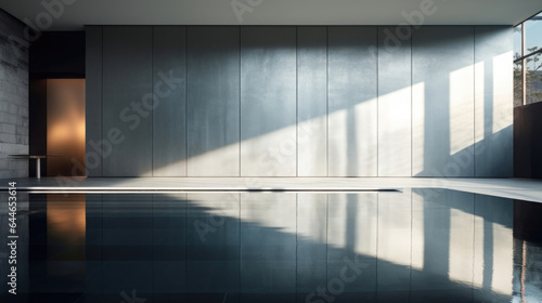 A minimalist scene showcases a sleek reflection pool in a modern urban setting. Soft light filters in through floortoceiling windows, casting intricate shadow patterns on a shiny metallic