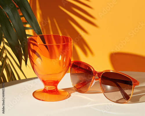  A radiant and summery glass gentle light background showcasing a translucent orange surface illuminated by the warm rays of the setting sun. The vibrant color palette photo