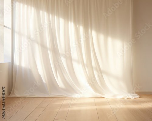  In this minimalistic abstract gentle light background, warm sunlight filters through a white curtain. The resulting shadows form fluid patterns on a wooden panel, creating