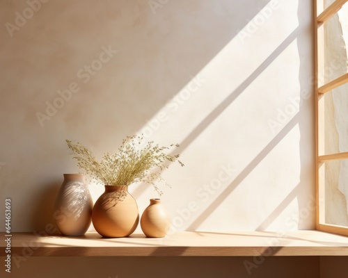 An scene capturing a minimalist abstract background in warm and earthy tones. The gentle light filtering through a wooden window frame casts soft and natural shadows, creating a cozy and
