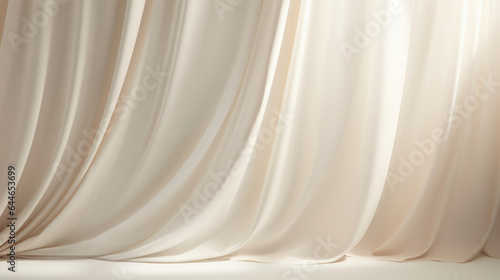 A minimalistic abstract background featuring a textured surface in neutral tones. The soft light filtering through a curtain casts intricate shadows, adding dimension and subtlety to the