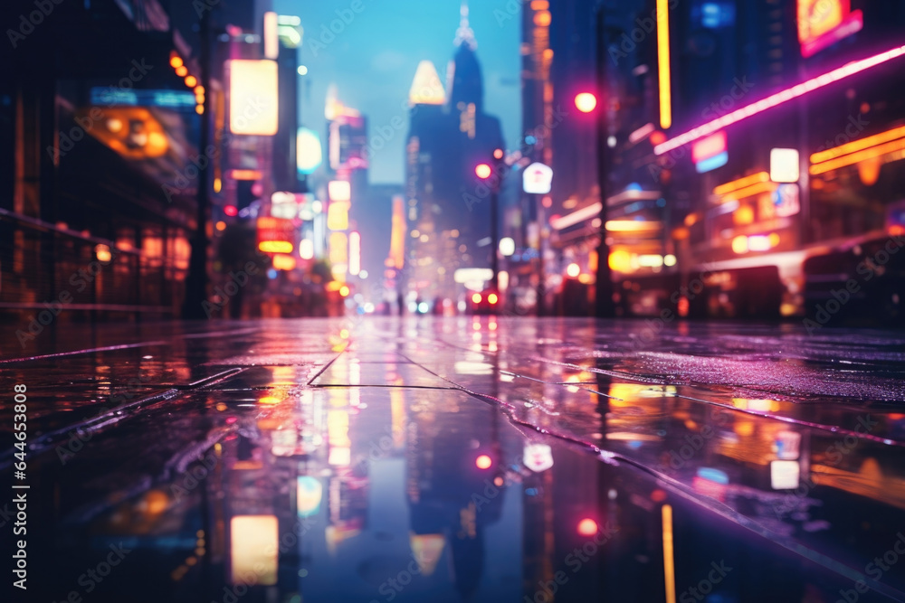  Immerse yourself in a rainy cyberpunk cityscape background. Shimmering droplets from a wet window trickles down onto a sleek, reflective surface, creating a surreal and