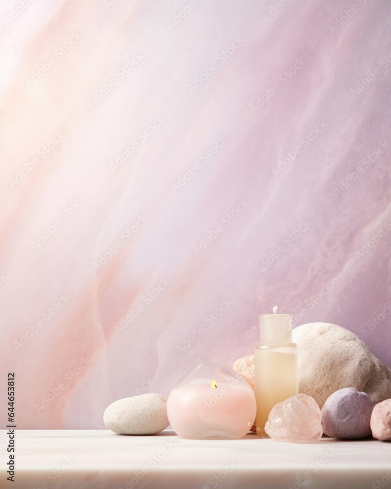 A serene and dreamy stone backdrop showcasing a subtle ombre effect from pale pink to soft lilac tones. The gentle morning light streaming through the window casts ethereal A serene and dreamy stone backdrop showcasing a subtle ombre effect from pale pink to soft lilac tones. The gentle morning light streaming through the window casts ethereal