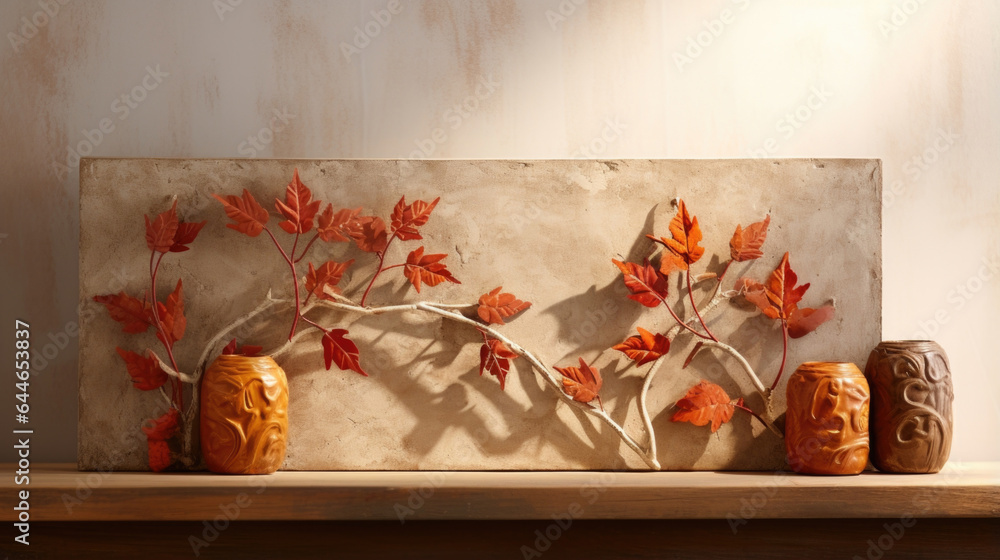 A rich, warmtoned concrete background adorned with vibrant autumn leaves tered across its surface. The afternoon sunlight streams through the window, illuminating a handcrafted A rich, warmtoned concrete background adorned with vibrant autumn leaves tered across its surface. The afternoon sunlight streams through the window, illuminating a handcrafted
