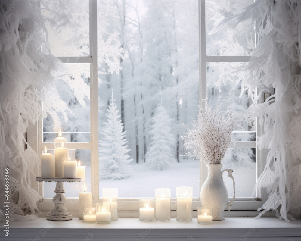 A wintry wonderland with snowcovered trees and a crisp, white landscape visible through the window. The soft, diffused light and pale gray background create a dreamy and ethereal atmosphere. A wintry wonderland with snowcovered trees and a crisp, white landscape visible through the window. The soft, diffused light and pale gray background create a dreamy and ethereal atmosphere.