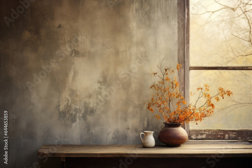  A rustic autumnal setting with a textured wooden backdrop in warm, earthy tones. The frosted window allows the soft sunlight to filter through, casting intricate shadow © Justlight