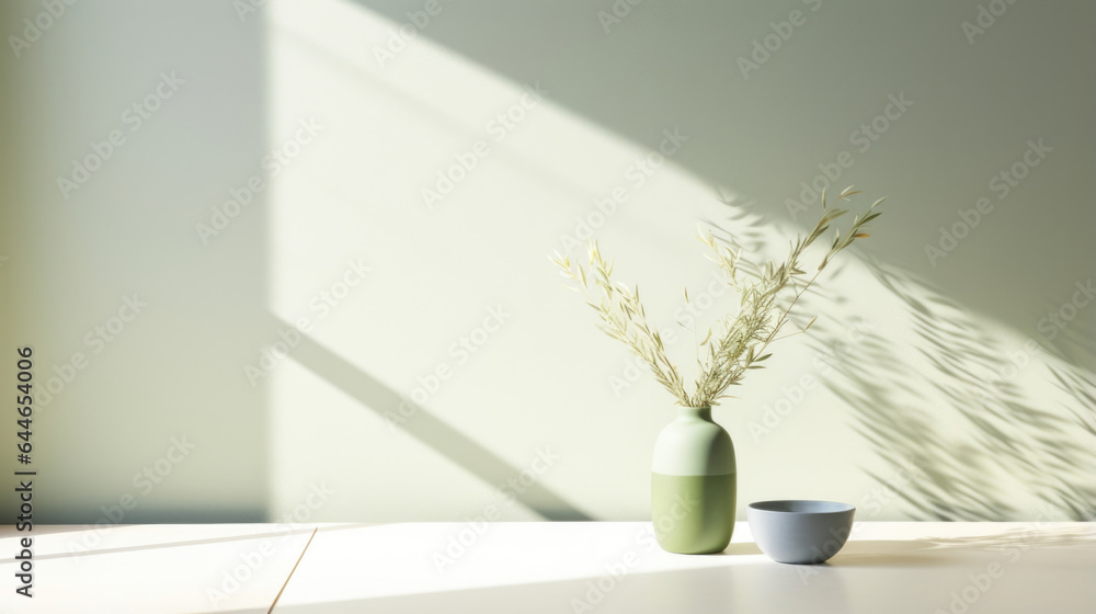 A calming and peaceful scene with a minimalist background in cool, pale greens reminiscent of a peaceful meadow. Soft, dappled light gently streams in through the window, casting intricate