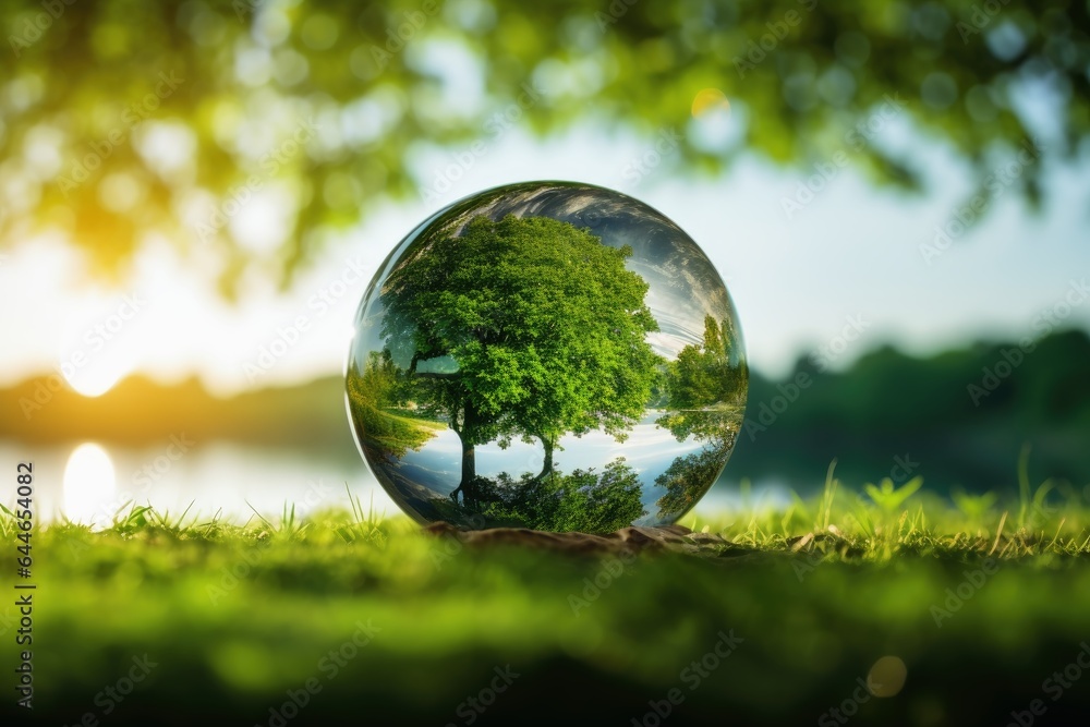 Green future of Earth and our ecological footprint in a glass sphere.