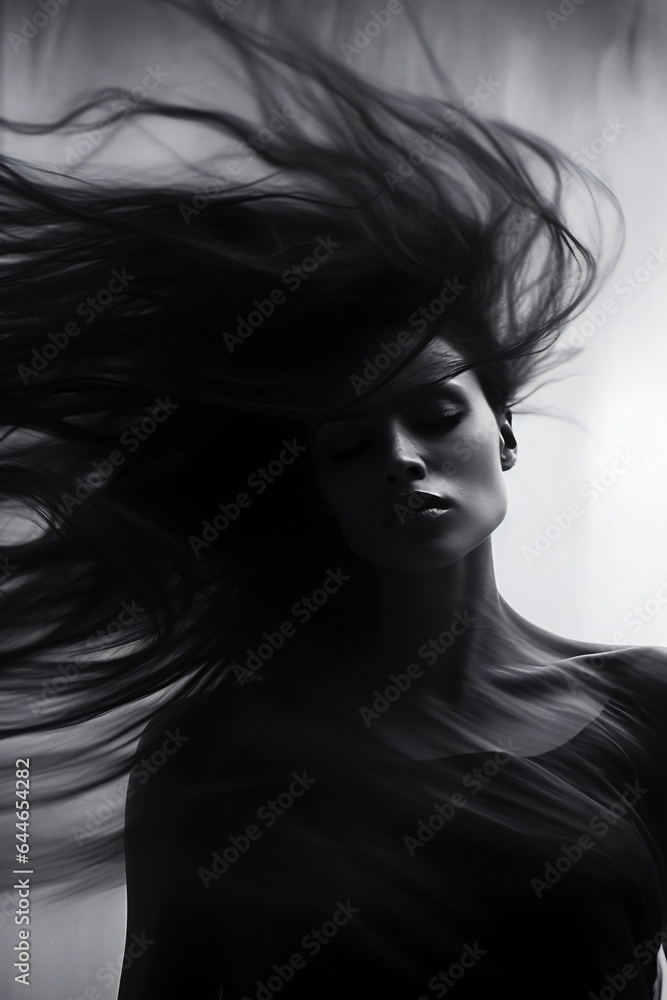 Black and White Portrait of a Woman with Flowing Hair AI Generated