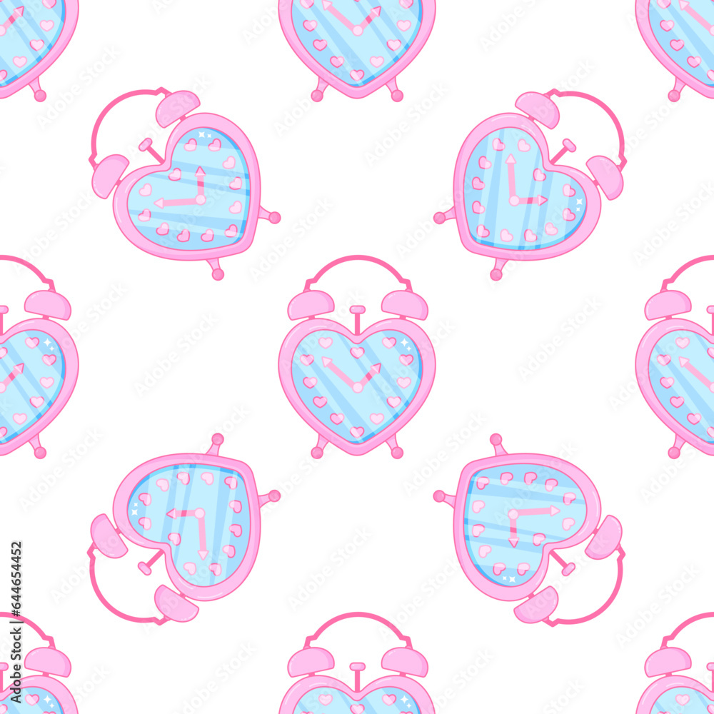 Cute girlish alarm clock. Pink glamour. Seamless pattern. Heart shape.