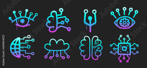 AI Neon Graffiti Set. Artificial Intelligence in Urban Street Style. Trendy Y2K clipart. Splash effects and drops. Grunge and spray texture.