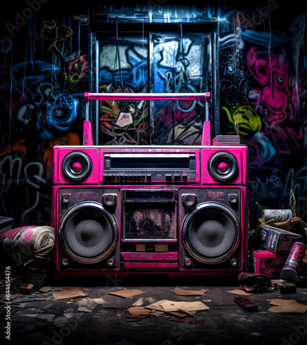 Boombox with pink lights in a dark room full of graffiti, mysterious backdrops.