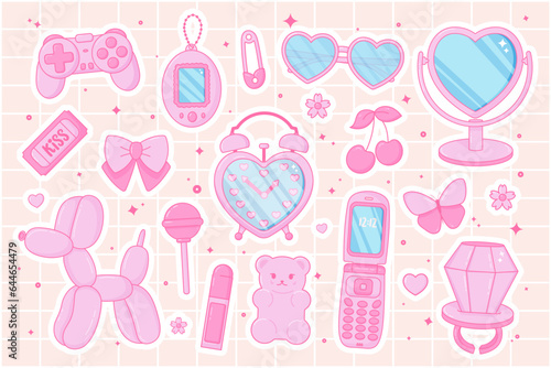 Cute girly set. Pink women's accessories. Kawaii glamour. Teenage style. Nostalgic pinkcore 2000s style. Lipstick, glasses, ticket, lollipop ring, jelly bears gummy, flip phone.