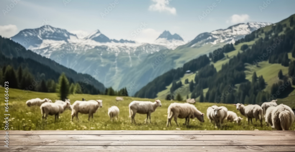 The empty wooden table top with blurred goats herd grazing on field meadow and mountain background.