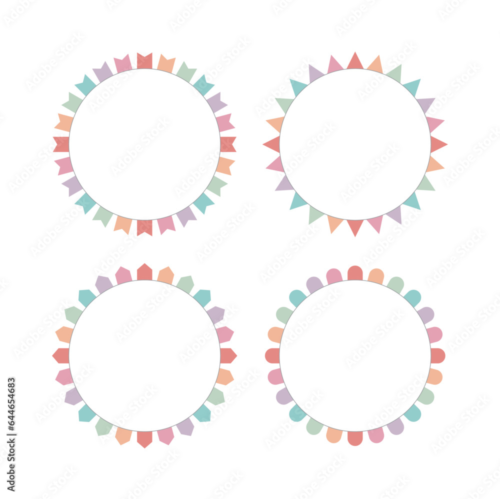 This is a set of decorative frame illustrations with flags and garlands of various shapes surrounding them in a circle. This is a set of decorative frame illustrations with flags and garlands of various shapes surrounding them in a circle.
