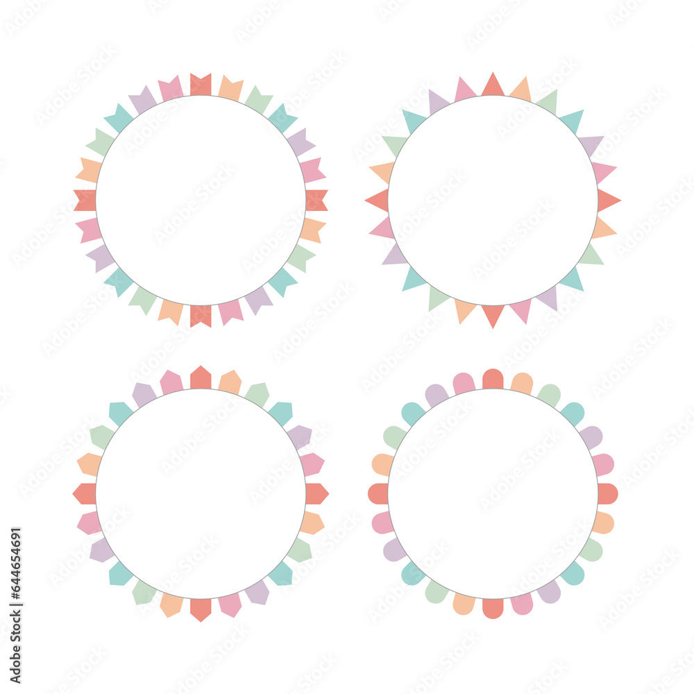 This is a set of decorative frame illustrations with flags and garlands of various shapes surrounding them in a circle. This is a set of decorative frame illustrations with flags and garlands of various shapes surrounding them in a circle.